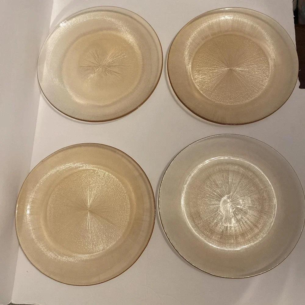 Amber‎ Iridescent Carnival Glass Plates Impressed Pinwheel Starburst Set Of 4